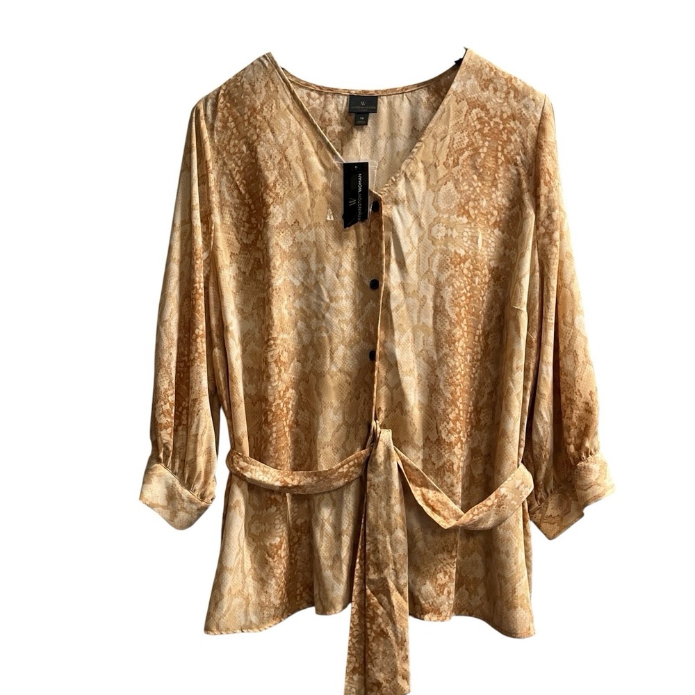 Worthington Top Chiffon Animal Print Button Down Belted Blouse 1X Office Career